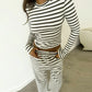 Casual Striped Long Sleeve 2 Piece Sets Women Outfit Wide Leg Pants and Crop Top Matching Sets Brunch Outfit