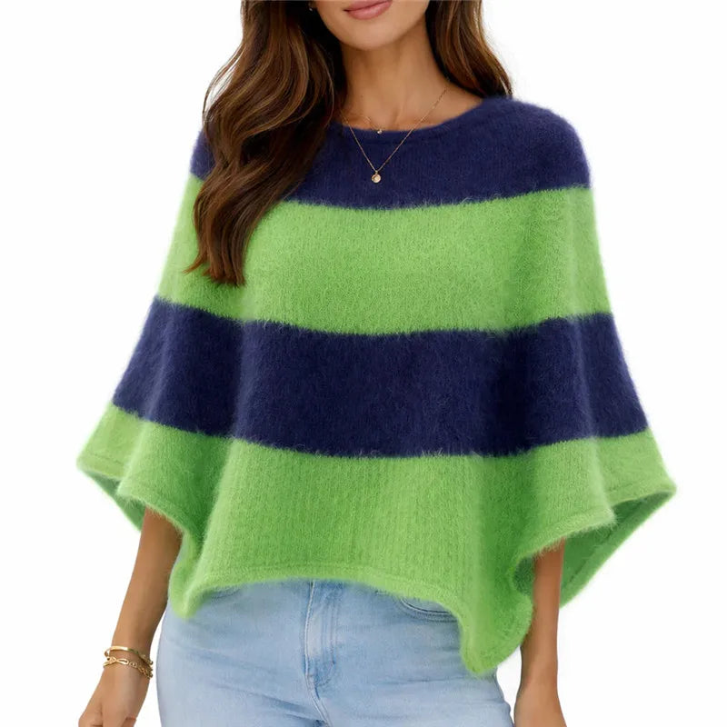 Women Fuzzy Knit Poncho Sweater Round Neck Color Block Striped Cape Fluffy Oversized Pullover Shawl Wrap Winter Cover Up