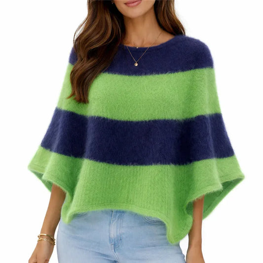 Women Fuzzy Knit Poncho Sweater Round Neck Color Block Striped Cape Fluffy Oversized Pullover Shawl Wrap Winter Cover Up