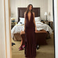 Deep V Neck Backless Split Maxi Dress Sexy Summer Brown Long Dresses Women Beach Vacation Outfits