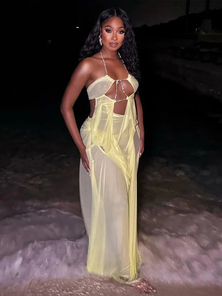 Sexy See Through Dress Women Sexy Halter Chain Backless Irregular Ruched Patchwork Vacation Birthday Party Clubwear