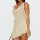Women's Summer Mini Tank Dress V Neck Sleeveless A-Line Dress Lace Trim Solid Color Sleeveless Dress for Beach Vacation