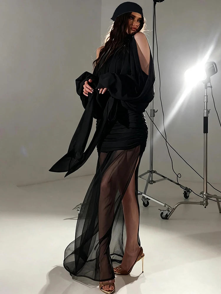 Bat SleeveSexy 2 Piece Set Women Mesh Hollow Irregular Bandages Turtleneck Top+Ruched Skirt Chic Party Elegant Suits