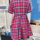 Women Red Plaid Midi Swing Dress Round Neck Half Sleeve A Line Dress With Green Tulle Hem Christmas Holiday Party Dress
