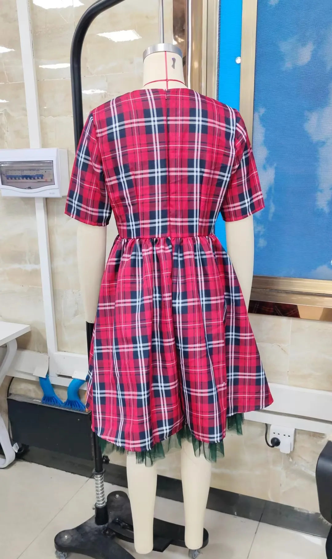Women Red Plaid Midi Swing Dress Round Neck Half Sleeve A Line Dress With Green Tulle Hem Christmas Holiday Party Dress