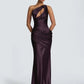 Satin One Shoulder Sexy Maxi Dress Women Elegant Diagonal Collar Cutout Ruched Bodycon Mermaid Long Evening Party Gown