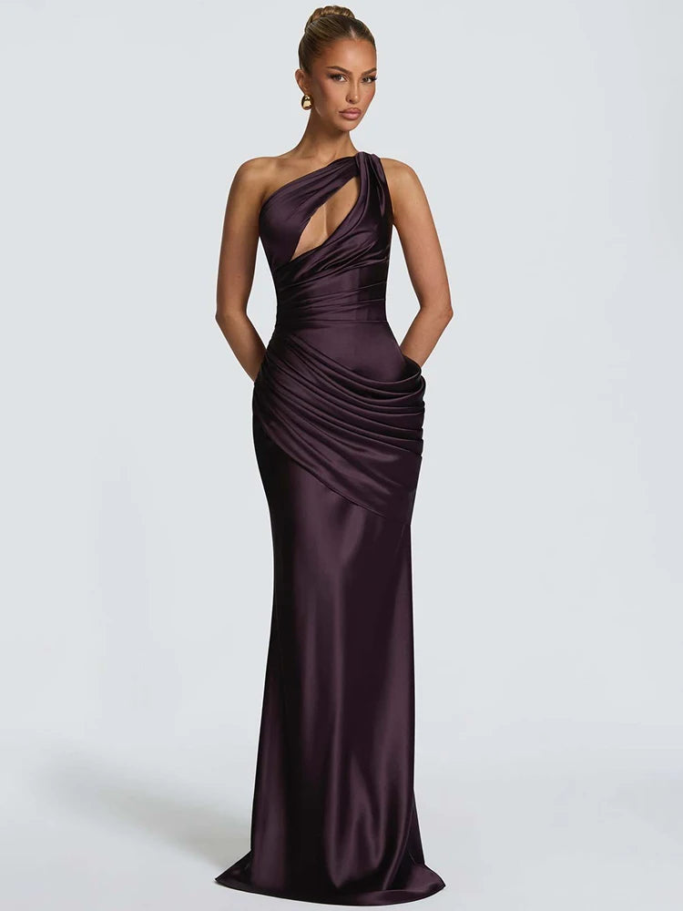 Satin One Shoulder Sexy Maxi Dress Women Elegant Diagonal Collar Cutout Ruched Bodycon Mermaid Long Evening Party Gown