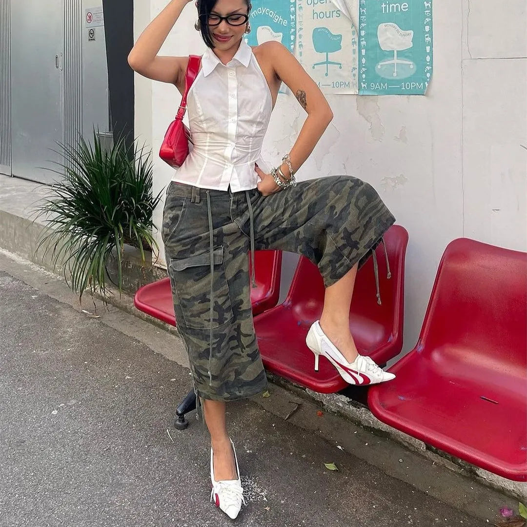 Women Camo Print Cargo Capri Shorts Y2K Baggy Wide Leg Multi Pockets Drawstring Hem Loose Streetwear Casual Bottoms