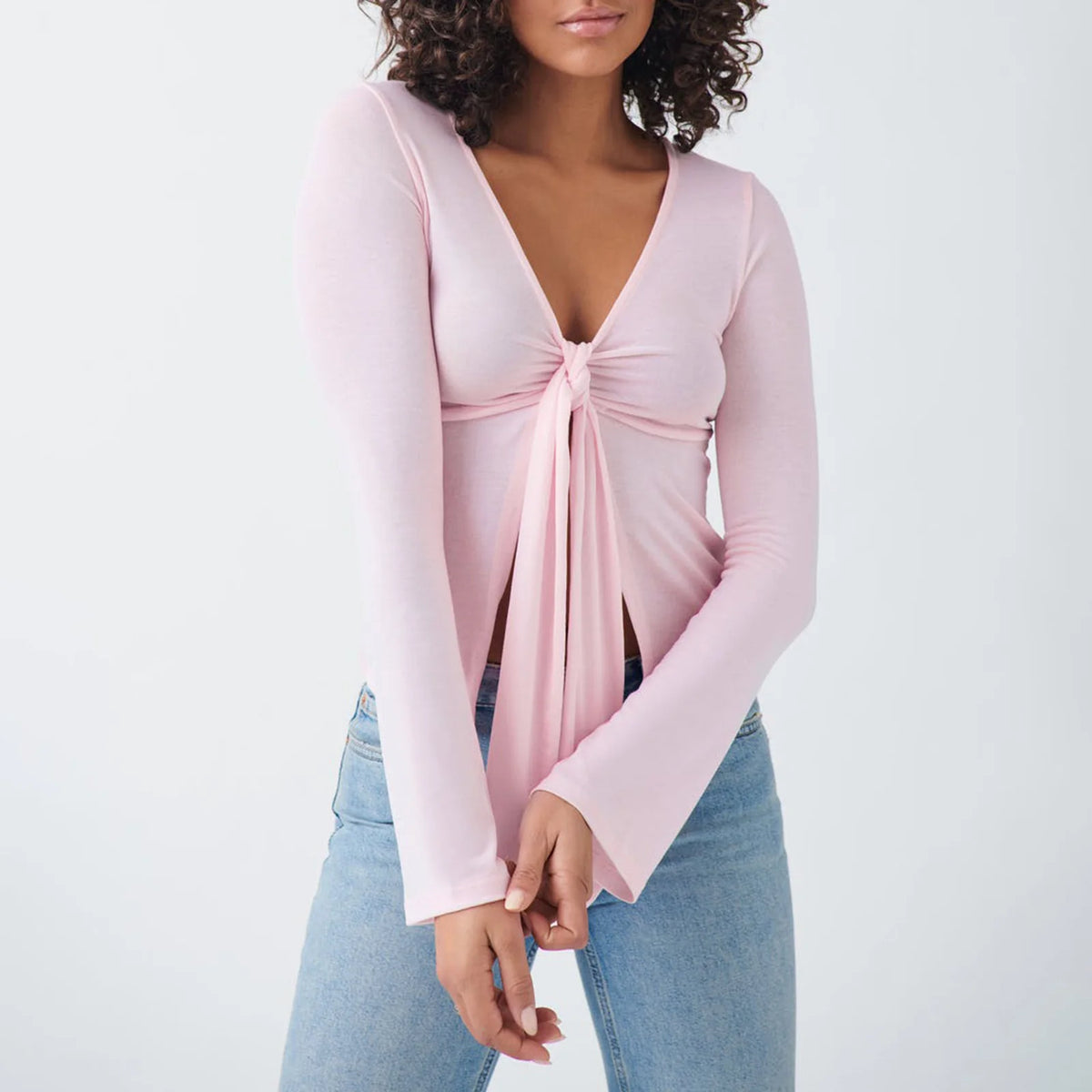 Women Tie Up Shirts Long Sleeve Y2k Twist Fitted Crop Tees Sexy V Neck Tie Front Dressy Top Elegant Streetwear