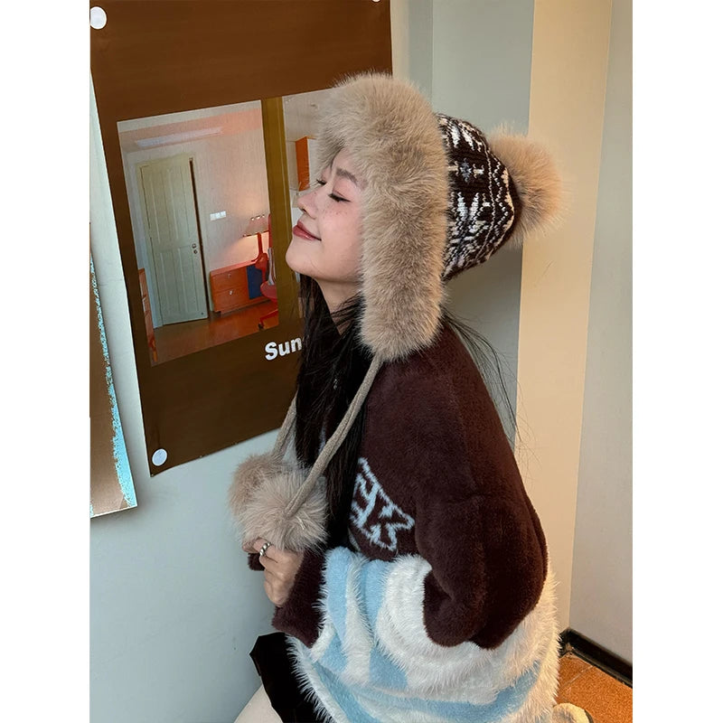 Cute Fair Isle Plush Lining Strap Pom Pom Knit Beanie For Women