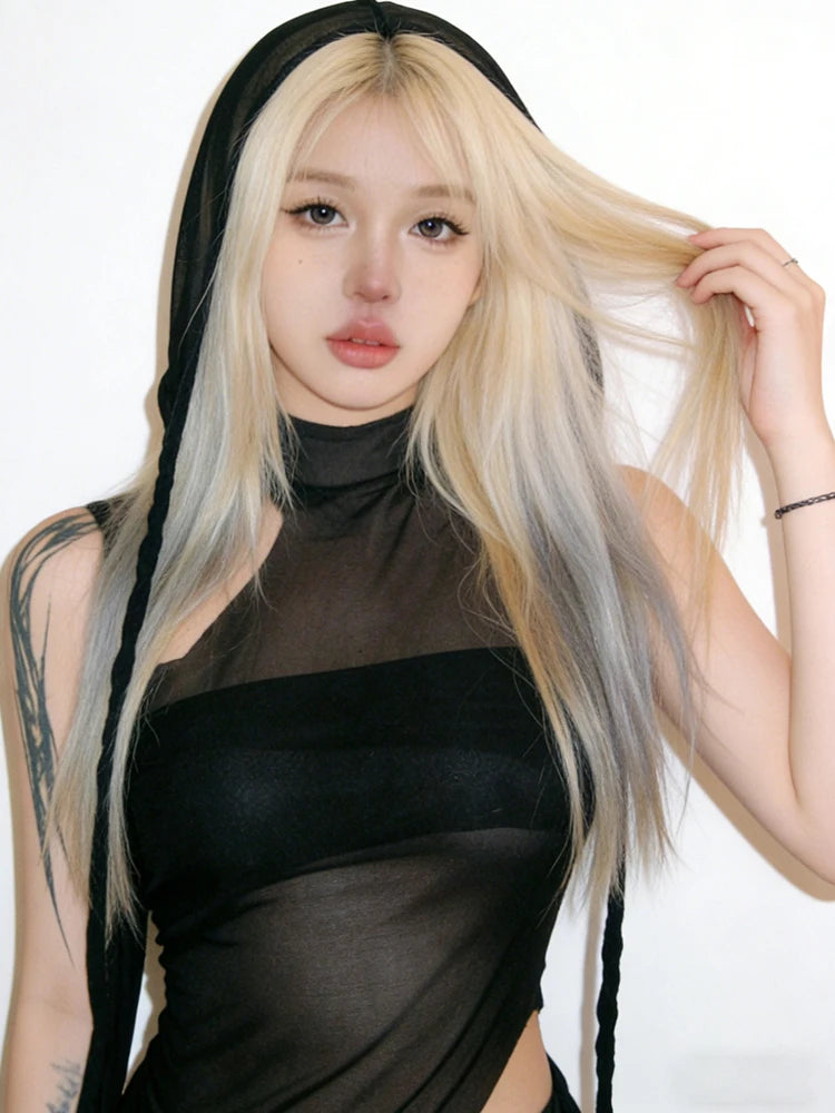Mesh Sexy Tassel Hat+Vest Half Turtleneck Patchwork Irregular Hem Hip-Hop Style Music Festival Midnight Streetwear