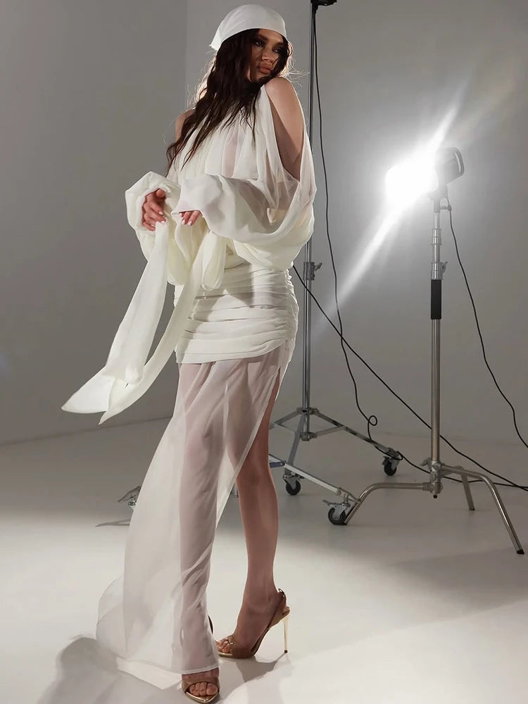 Bat SleeveSexy 2 Piece Set Women Mesh Hollow Irregular Bandages Turtleneck Top+Ruched Skirt Chic Party Elegant Suits