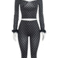 Polka Dot Print 2-Piece Set Square Collar Plush Patchwork Full Sleeve Crop Tops+Elastic Waist Classic Short Sexy Suit