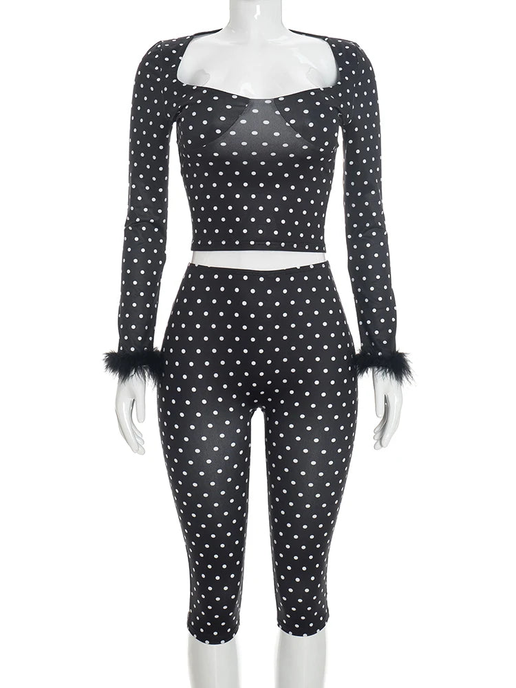 Polka Dot Print 2-Piece Set Square Collar Plush Patchwork Full Sleeve Crop Tops+Elastic Waist Classic Short Sexy Suit