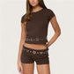 Women 2 Piece Set Rivet Trim Crew Neck Short Sleeve Crop Top Fold Over Waist Booty Shorts Y2K Streetwear Matching Set