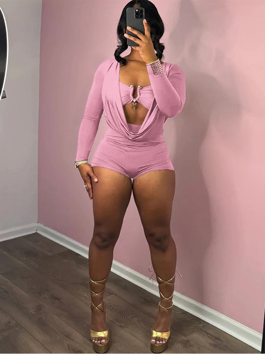 Sexy Women Swing Collar Romper+Metal buckle Bra Hipster Midnight Party Coquette New Spring Trend Workout Playsuits