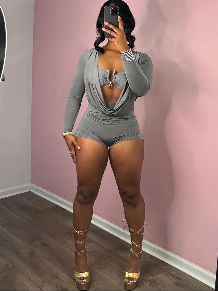 Sexy Women Swing Collar Romper+Metal buckle Bra Hipster Midnight Party Coquette New Spring Trend Workout Playsuits