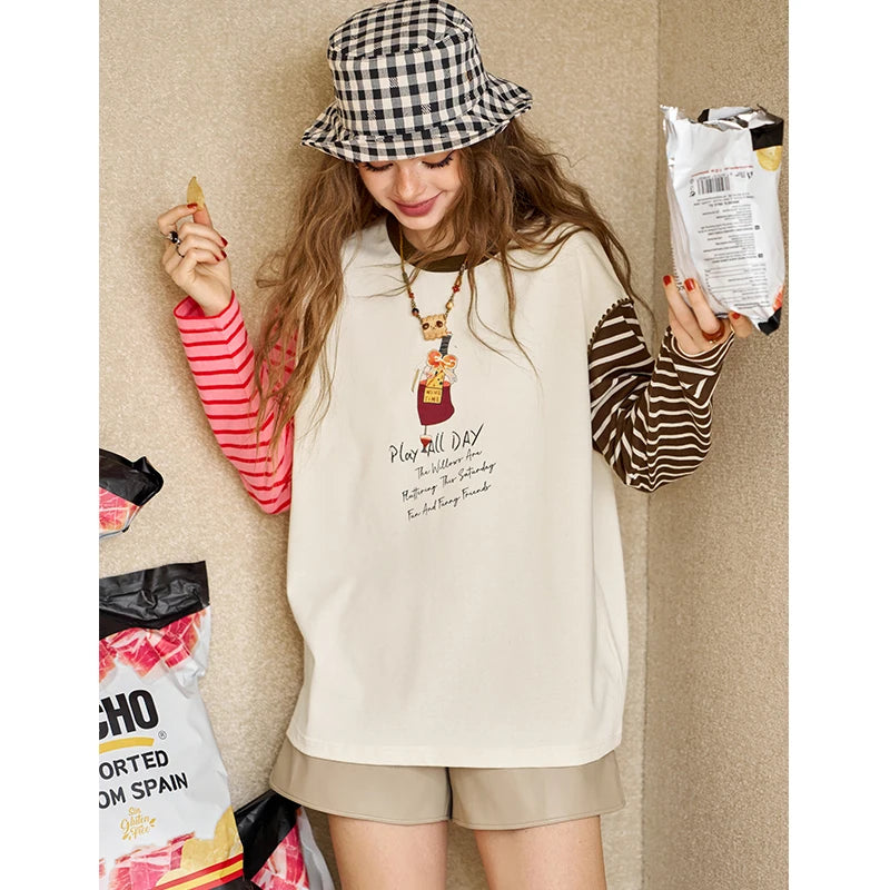 Women's Ringer Long Sleeve Tee with Cartoon Graphic Print, Contrast Striped Sleeve Top for Everyday Casual