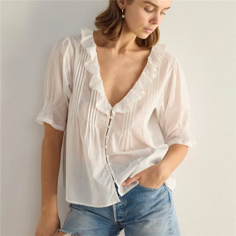 Women's Vintage Ruffled V Neck Blouse Summer Casual Puff Short Sleeve Button Down Shirt Summer Beach Holiday Shirts Top