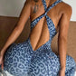 Cross Knot Bandage Design Yoga Jumpsuit Woman Leopard Print Low-Neck Sleeveless Skinny Wrap Hip Sporty Style Overalls