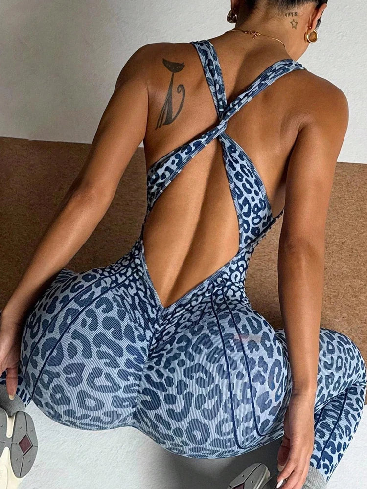 Cross Knot Bandage Design Yoga Jumpsuit Woman Leopard Print Low-Neck Sleeveless Skinny Wrap Hip Sporty Style Overalls
