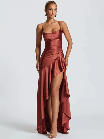 Satin Spaghetti Strap Ruffle Sexy Maxi Dress Women Off-shoulder Sleeveless Backless Thigh High Split Club Party Dress