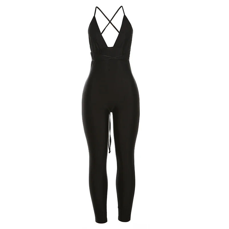 Hipster Fitness Jumpsuit Women Backless Sleeveless Deep v-Neck Cross Bandage Skinny Stretch Workout Sporty Streetwear