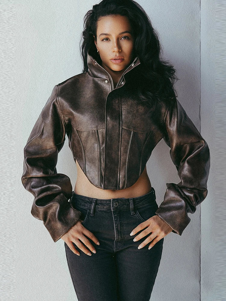 Pu Irregular Crop Jacket Women Turtleneck Zip Button Full Sleeve Wild Sexy Hottie Street Midnight Club Hipster Coat