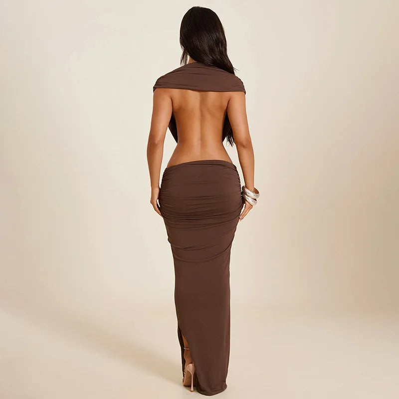Deep V Neck Backless Ruched Maxi Dresses 2026 Woman Sexy Party Dress Brown