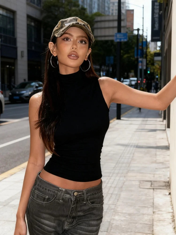 Sleeveless Turtleneck Hollow Backless Crop Top Sexy Black White Tank Tops 2026 Summer Fashion Woman Clothes
