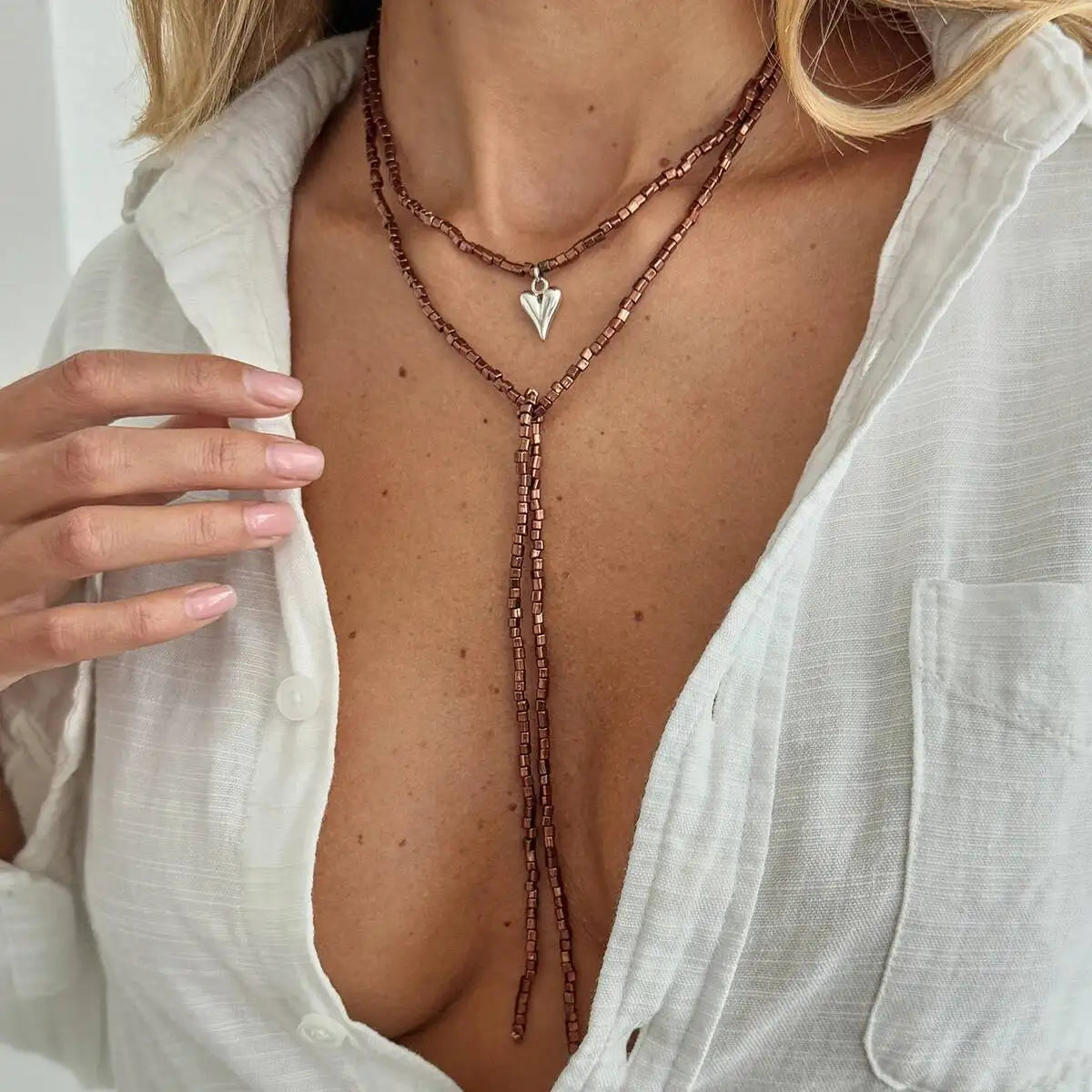 Adjustable Long Chain Necklace for Women, Sexy Stackable CCB Beads, OT Buckle, Love Heart Pendant, Choker Sweater Jewelry