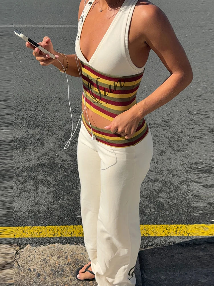Letter Print 2 Piece Set Woman Colorful Striped Halter Low-Neck Backless Tank Tops+Flare Pants Casual Fashion Suits