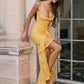 Ruffled Draped Ruched Sexy Maxi Dress For Women Yellow Spaghetti Strap Sleeveless Backless Club Party Sexy Long Dress