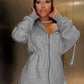 Casual Women Mini Dress Sporty Zip Shirring Hooded Full Sleeve Autumn Fashion Waist-Reducing Classic Solid Bodycon