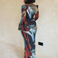 Colorful Print Dress Women Fashion Trend Skew Collar Puff Sleeve Stretch Elegant Vacation Party Club Long Bodycon
