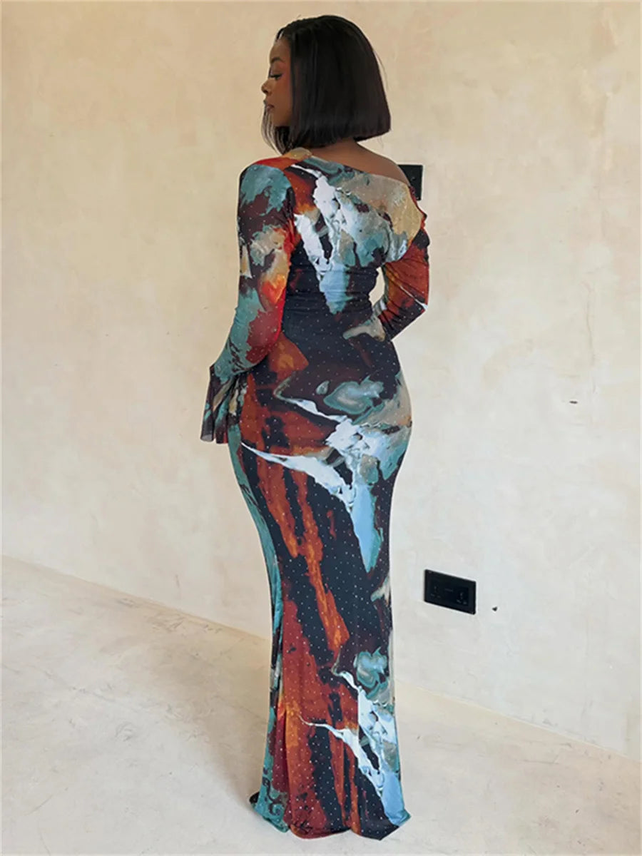 Colorful Print Dress Women Fashion Trend Skew Collar Puff Sleeve Stretch Elegant Vacation Party Club Long Bodycon