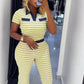 Trend Striped Print 2 Piece Set Women Casuals Color Blocking Turn Down Collar Short Sleeve T-Shirt+Pants Street Suits