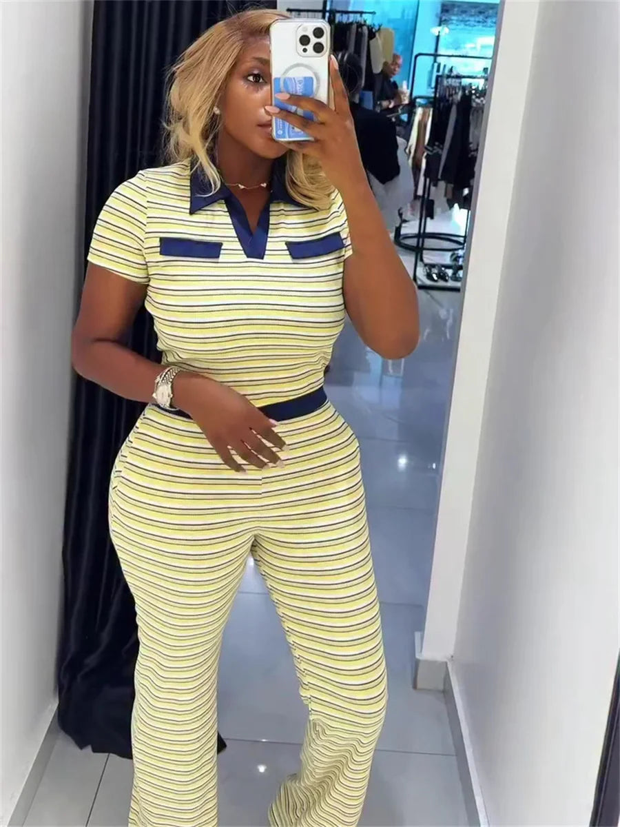 Trend Striped Print 2 Piece Set Women Casuals Color Blocking Turn Down Collar Short Sleeve T-Shirt+Pants Street Suits