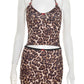 Bows Split 2 Piece Set Women Y2K Leopard Print Halter Bandage Camisole+Skirt Matching Street Stretch Skinny Clubwear