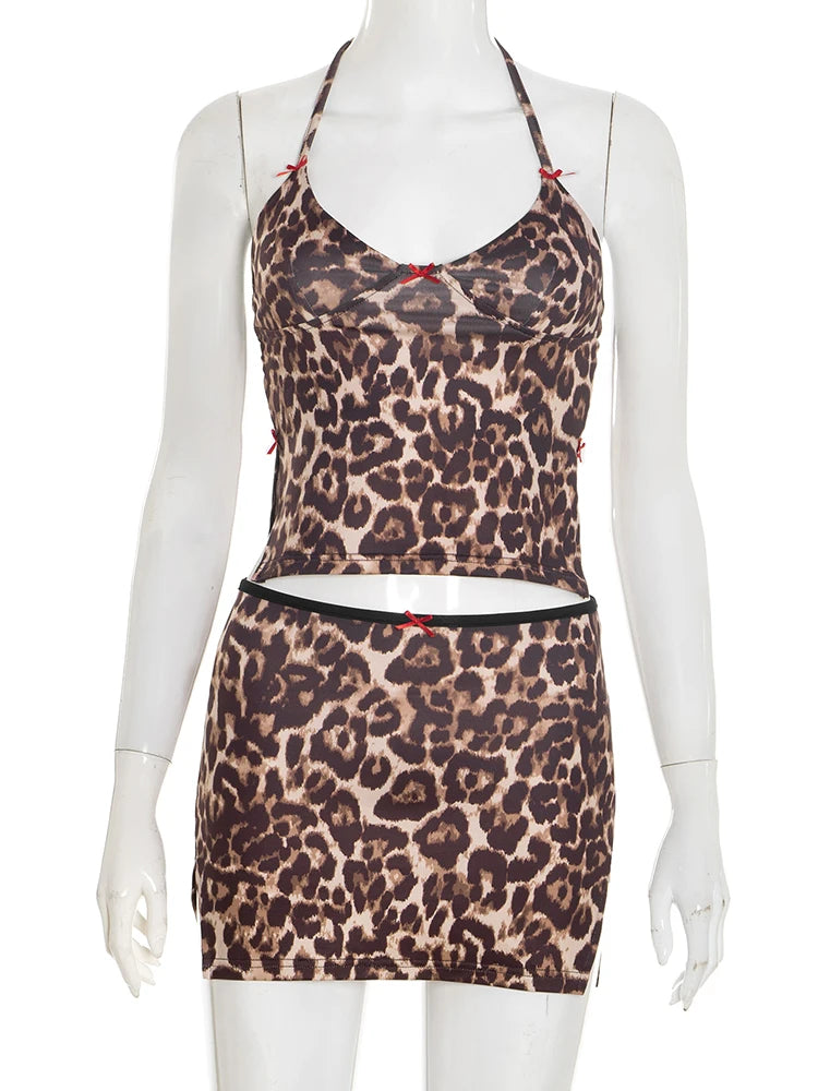 Bows Split 2 Piece Set Women Y2K Leopard Print Halter Bandage Camisole+Skirt Matching Street Stretch Skinny Clubwear