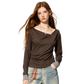 Women's Asymmetrical Draped Neck Long Sleeve Tee with Striped Cuffs, Slim Solid Casual Top for Everyday Wear