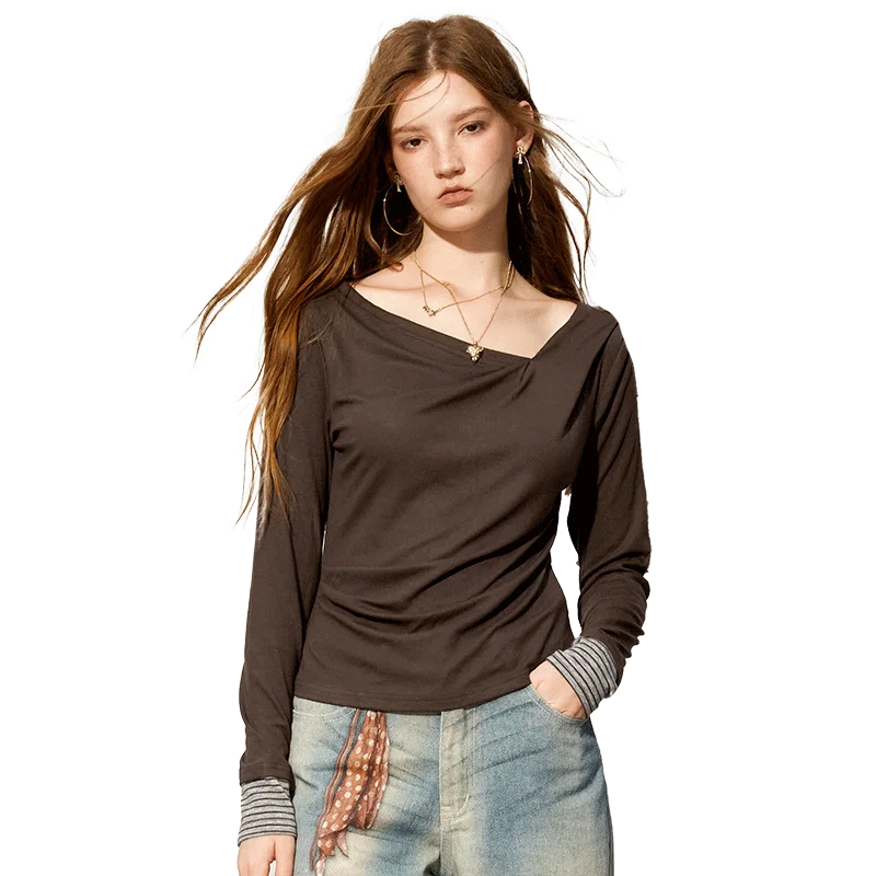 Women's Asymmetrical Draped Neck Long Sleeve Tee with Striped Cuffs, Slim Solid Casual Top for Everyday Wear