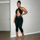 Women Halter Neck Tie Back Jumpsuit Lace Cutout Waist Bodycon Capri Pants Sleeveless Slim Club Party Night Out Outfit