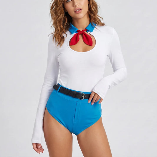 Women Contrast Collar Long Sleeve Bodysuit High Waist Shorts Set Halloween Cosplay Fancy Party Costume With Bow And Belt