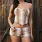 Halloween Cosplay Fuzzy Fur 2Pcs Set Women Animal Print Tube Bustier Crop Top Mini Shorts Gothic Western Festival Costume