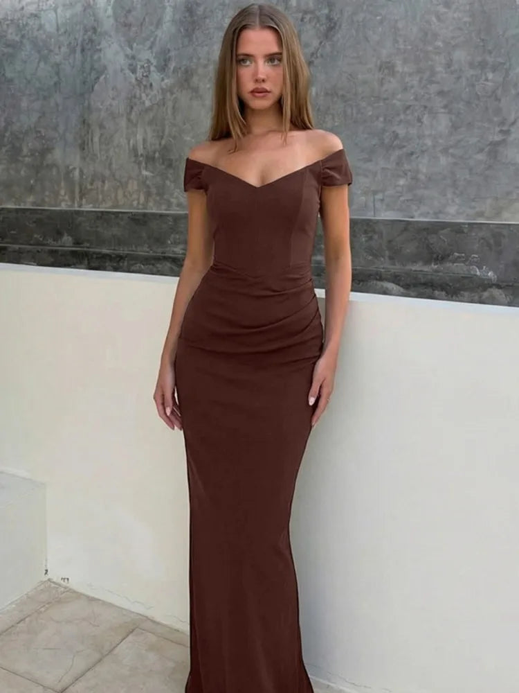 V Neck Short Sleeve Sexy Maxi Dress Women Elegant Off-shoulder Backless Back Split Bodycon Club Party Long Dress