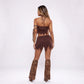 Women Cavewoman Halloween Cosplay Costume Leopard 4 Piece Outfit Halter Crop Top Jagged Mini Skirt Arm Bands Leg Warmers
