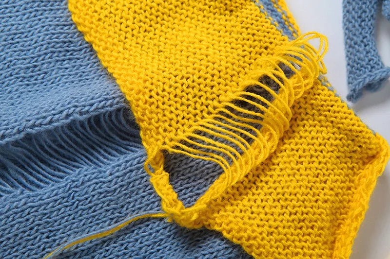 Blue and Yellow Hollow Knit Two Piece Set Woman Summer Beach Outfits 2026 Sexy Halter Top Skirt Matching Sets