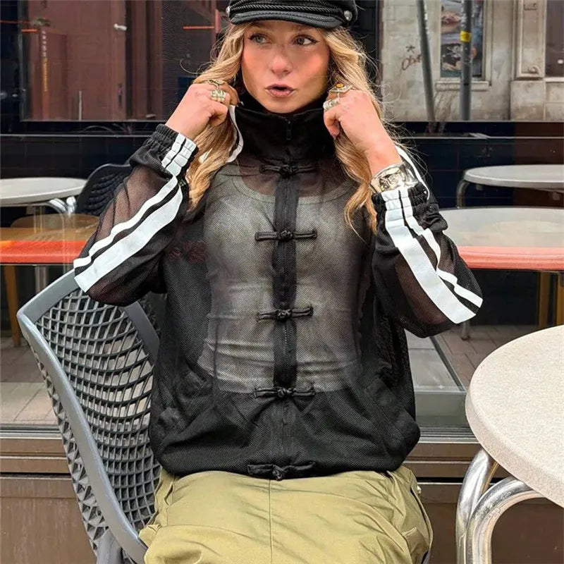 Y2K Sheer Mesh Jacket Stand Collar Zip Up Chinese Frog Buttons Side Striped Long Sleeve Loose Street Casual Outerwear