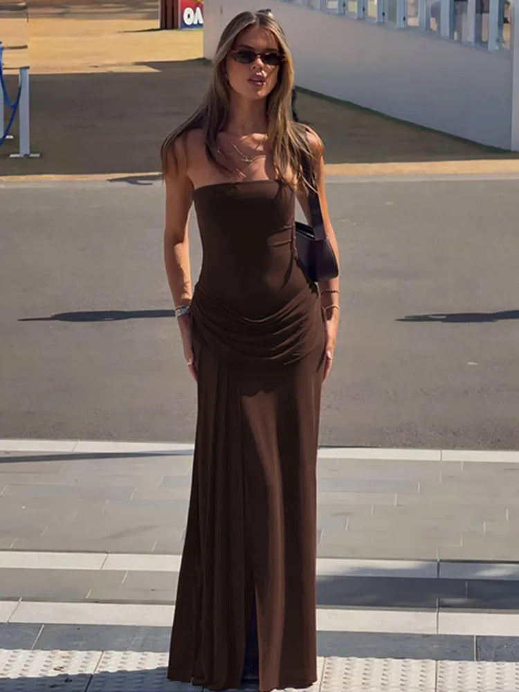 Off-shoulder Strapless Sexy Maxi Dress Women Elegant Sleeveless Backless Ruched High Split Club Party Long Dress